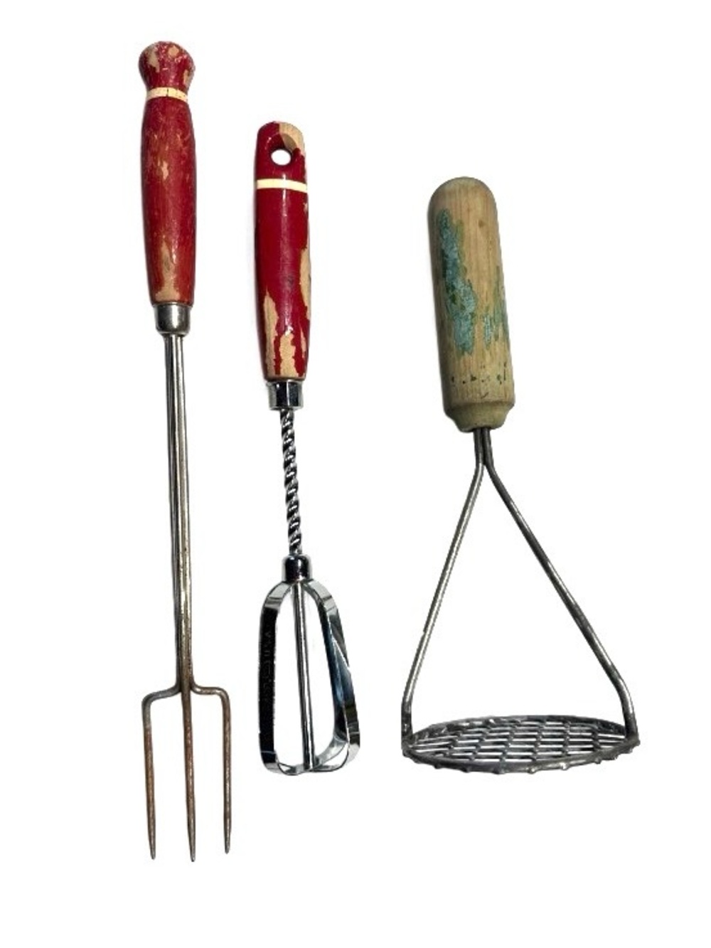 VTG 30s/40s/50s unbranded potato masher, EKCO mixer & skewer kitchen utensils